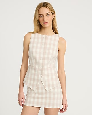 Linen-Blend Gingham Boat Neck Cutaway Blazer Vest