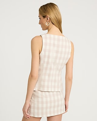 Linen-Blend Gingham Boat Neck Cutaway Blazer Vest