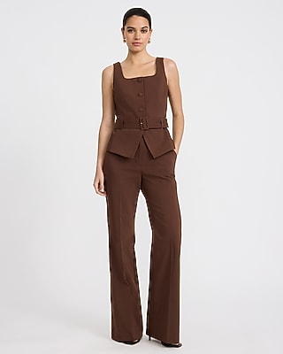 Stretch Cotton Square Neck Belted Blazer Vest