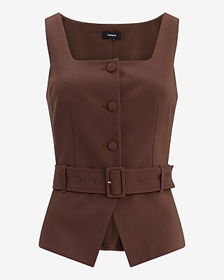 Stretch Cotton Square Neck Belted Blazer Vest