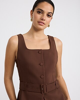 Stretch Cotton Square Neck Belted Blazer Vest