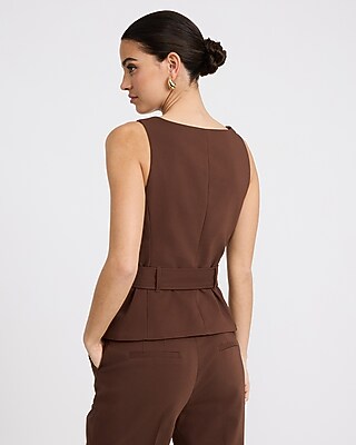 Stretch Cotton Square Neck Belted Blazer Vest