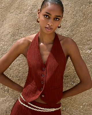 Textured Halter V-Neck Tie Back Blazer Vest