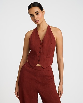 Textured Halter V-Neck Tie Back Blazer Vest