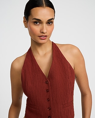 Textured Halter V-Neck Tie Back Blazer Vest