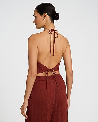 Textured Halter V-Neck Tie Back Blazer Vest