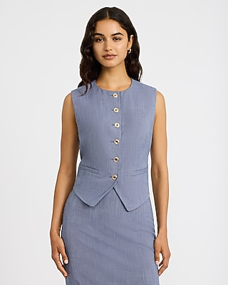 Crew Neck Gold Button Cutaway Blazer Vest