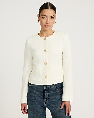 Tweed Crew Neck Novelty Button Lady Jacket