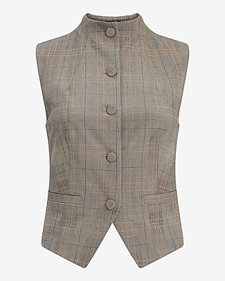 Plaid Mock Neck Cutaway Blazer Vest