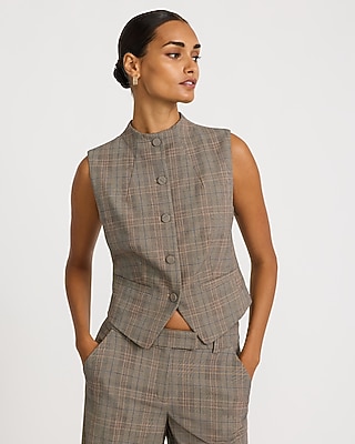 Plaid Mock Neck Cutaway Blazer Vest