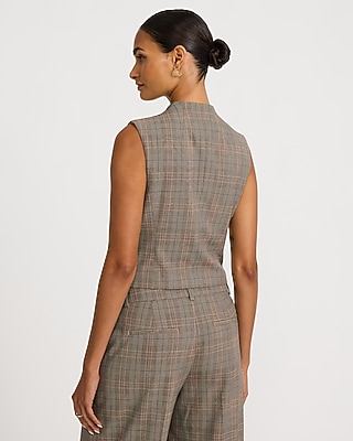 Plaid Mock Neck Cutaway Blazer Vest