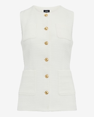 Tweed Crew Neck Novelty Button Long Blazer Vest in Ivory - image 4