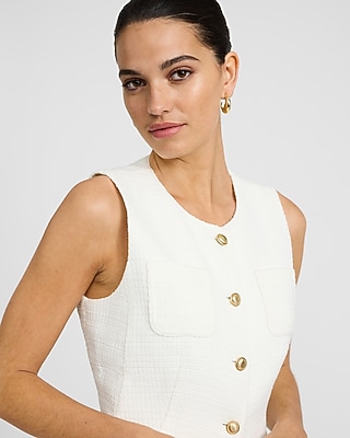 Tweed Crew Neck Novelty Button Long Blazer Vest in Ivory - image 2