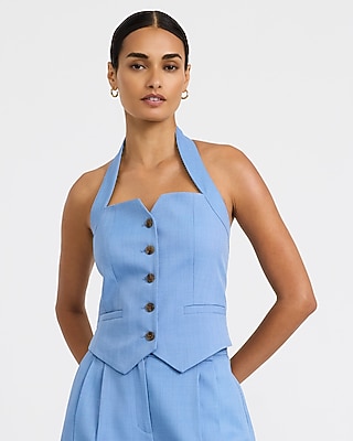 Twill Halter Button Front Cutaway Blazer Vest