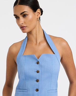 Twill Halter Button Front Cutaway Blazer Vest