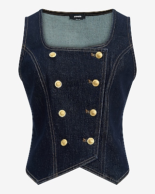 Stretch Denim Square Neck Double Breasted Blazer Vest