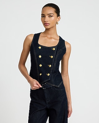 Stretch Denim Square Neck Double Breasted Blazer Vest