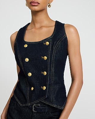 Stretch Denim Square Neck Double Breasted Blazer Vest