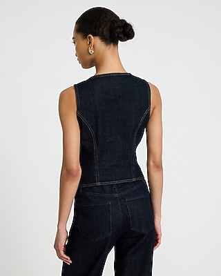 Stretch Denim Square Neck Double Breasted Blazer Vest