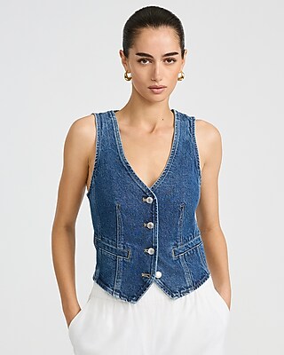 Dark Wash Denim V-Neck Cutaway Vest