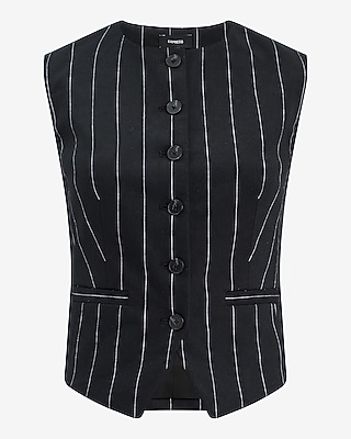 Linen-Blend Striped Crew Neck Cutaway Blazer Vest