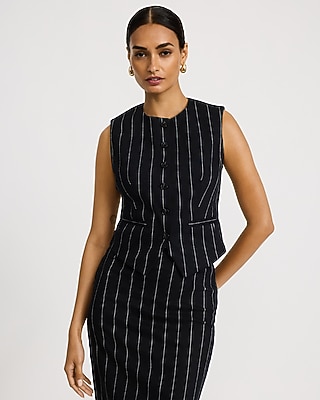 Linen-Blend Striped Crew Neck Cutaway Blazer Vest