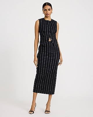 Linen-Blend Striped Crew Neck Cutaway Blazer Vest
