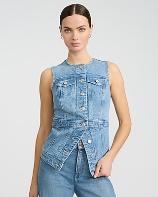 Denim Crew Neck Cutaway Blazer Vest