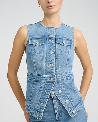 Denim Crew Neck Cutaway Blazer Vest