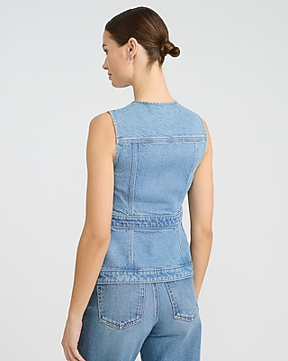 Denim Crew Neck Cutaway Blazer Vest