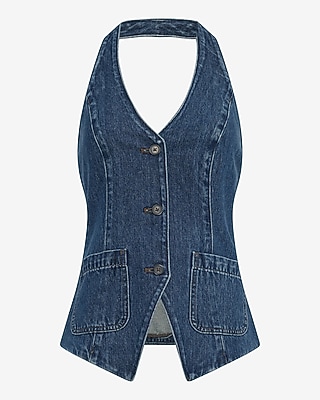 Denim Halter V-Neck Cutaway Blazer Vest