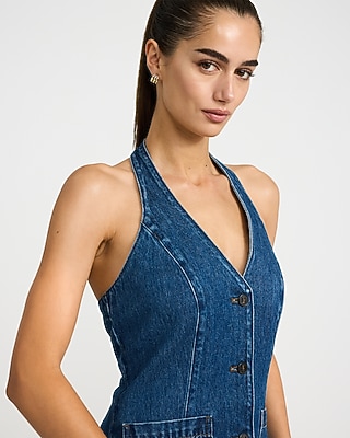 Denim Halter V-Neck Cutaway Blazer Vest