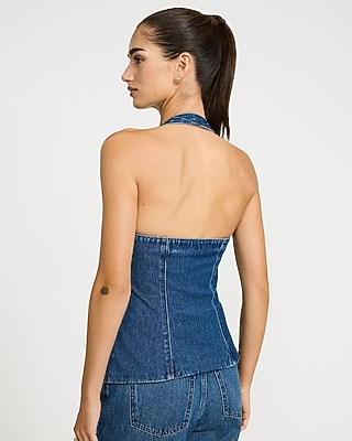 Denim Halter V-Neck Cutaway Blazer Vest