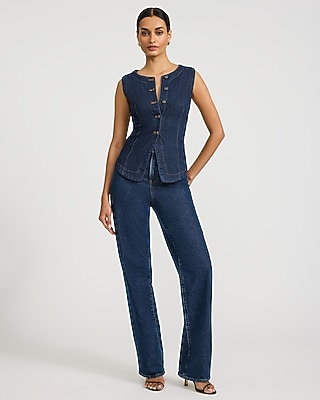 Denim Crew Neck Cutaway Blazer Vest - image 4