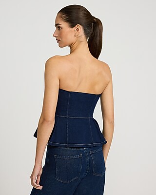 Dark Wash Denim Strapless Novelty Button Peplum Tube Top | Express