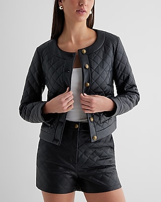 BLACK FAUX LEATHER SHORT POCKET JACKET, Womens Jackets