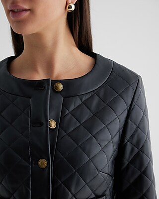Faux Leather Quilted Novelty Button Jacket