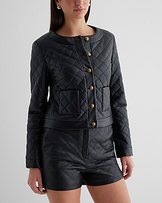 Faux Leather Quilted Novelty Button Jacket