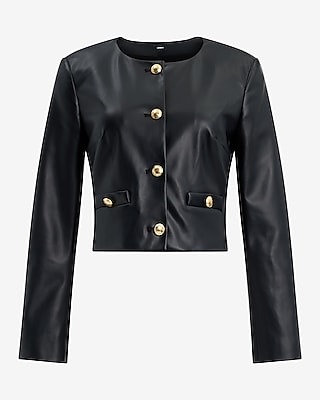 Faux Leather Gold Button Cropped Jacket