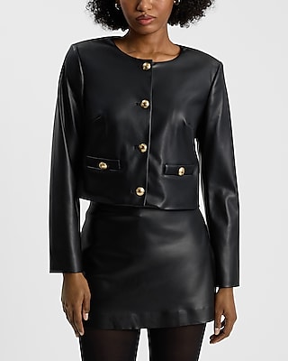 Faux Leather Gold Button Cropped Jacket