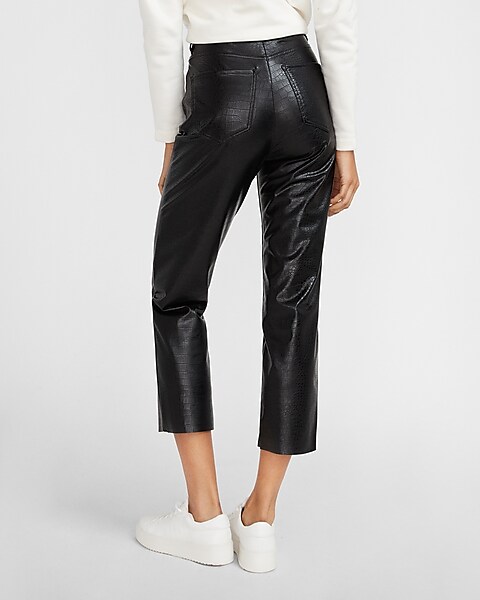 Super High Waisted Croc Embossed Faux Leather Cropped Straight 