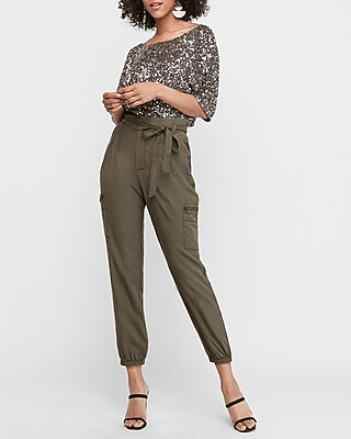 High- Waisted- Sash -Tie -Cargo Twill Utility Jogger Pant | Express