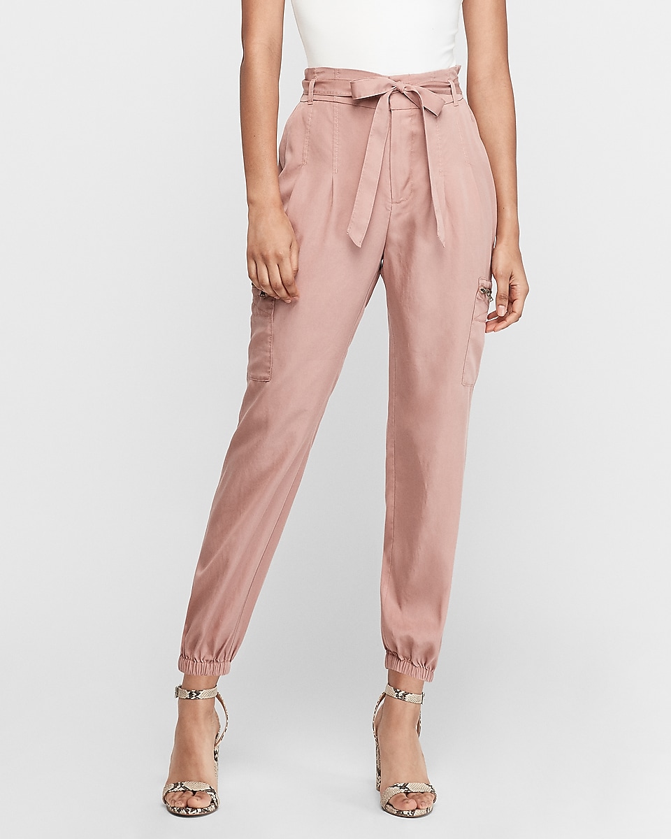 High Waisted Sash Tie Cargo Twill Utility Jogger Pant