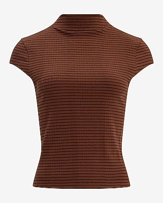 Striped Ribbed Mock Neck Cap Sleeve Tee