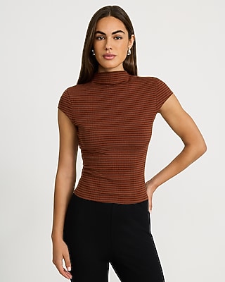 Striped Ribbed Mock Neck Cap Sleeve Tee