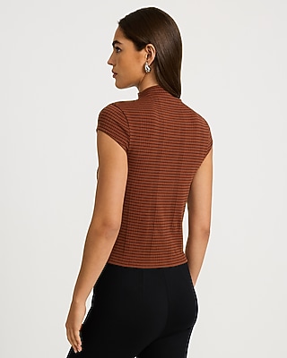 Striped Ribbed Mock Neck Cap Sleeve Tee
