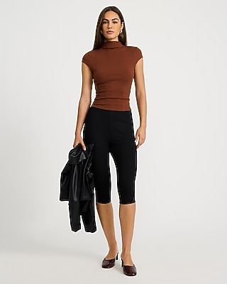 Striped Ribbed Mock Neck Cap Sleeve Tee