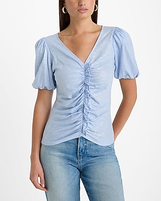 Skimming Shine Lightweight V-neck Puff Sleeve Ruffle Tee