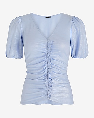 Skimming Shine Lightweight V-Neck Puff Sleeve Ruffle Tee