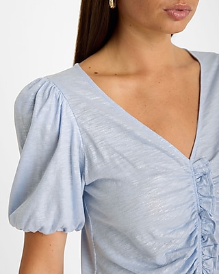 Skimming Shine Lightweight V-Neck Puff Sleeve Ruffle Tee